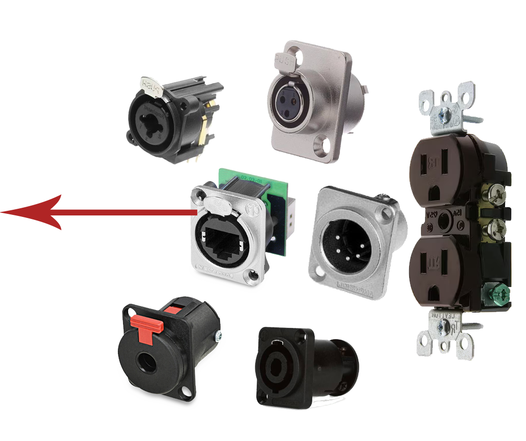 Audio and electrical connectors to populate recessed wall box.