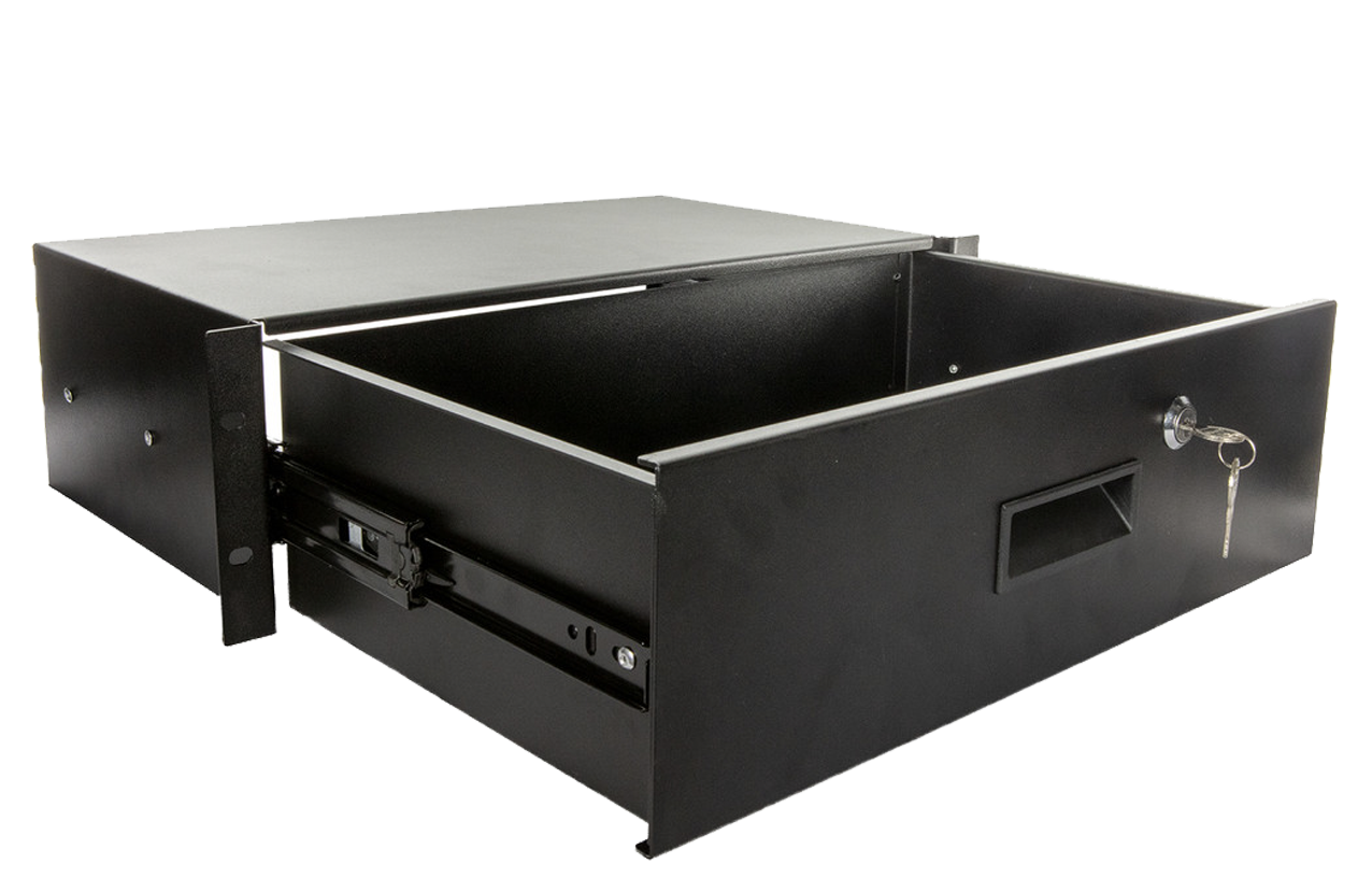 Shallow depth triple space rack mount sliding drawer.